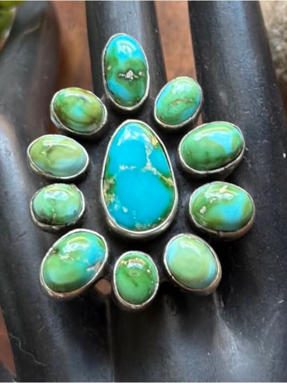 Navajo Sterling Silver Sonoran Gold Turquoise Cluster Ring Size 9 Geneva